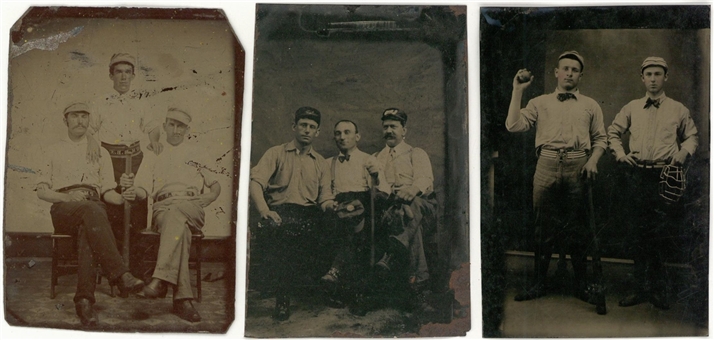 19th Century "Baseball"-Themed Tintype Photo Trio (3 Different) - Multiple Players Holding Bats/Balls